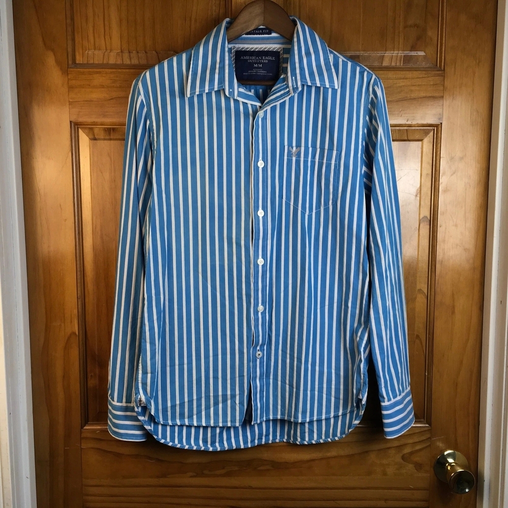 American Eagle Outfitters Blue and White Vertical Stripe Shirt